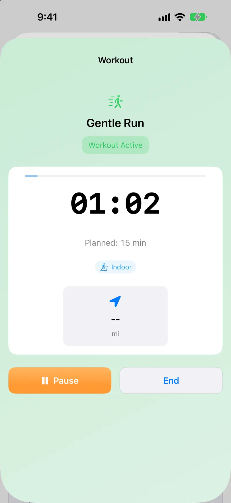 FinishStrong active workout screen with the current interval and time remaining