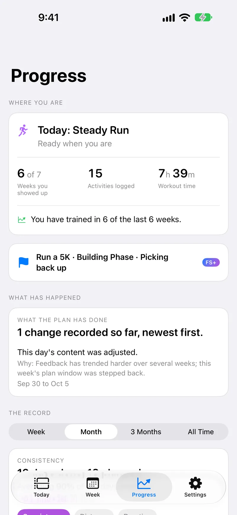 FinishStrong+ Progress screen with a summary, a goal plan label and a plan change with its reason