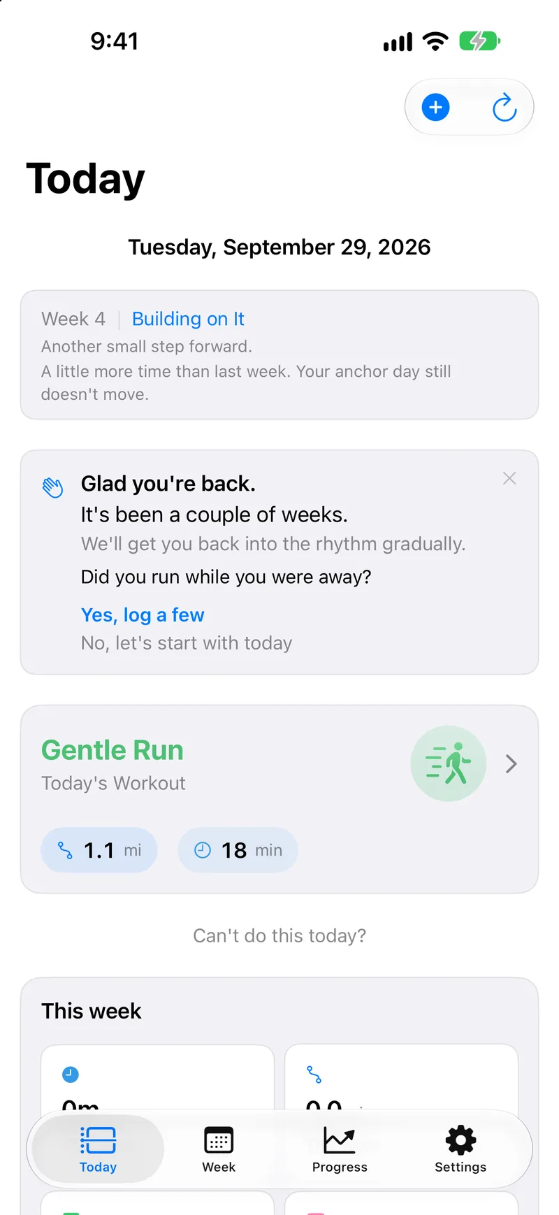 FinishStrong Today screen with a welcome-back message and a planned run after time away